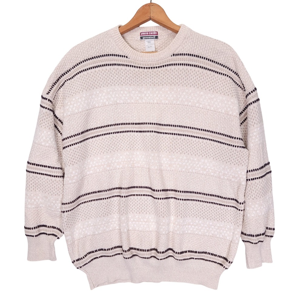 Pierre Cardin Generation II Mens Vintage Cream Striped Cotton Knit Sweater‎ XL